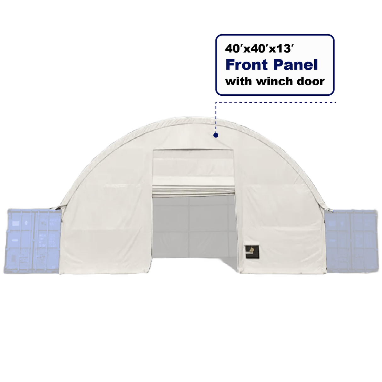 Front Wall with Winch-Operated Door for 40' × 40' × 13' Container Canopy Shelter