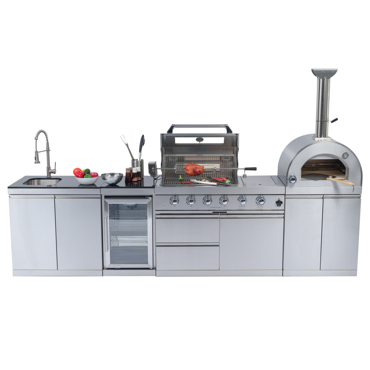 125" 107,000 BTU Outdoor Kitchen with 4-Burner Grill, Pizza Oven & Refrigerator