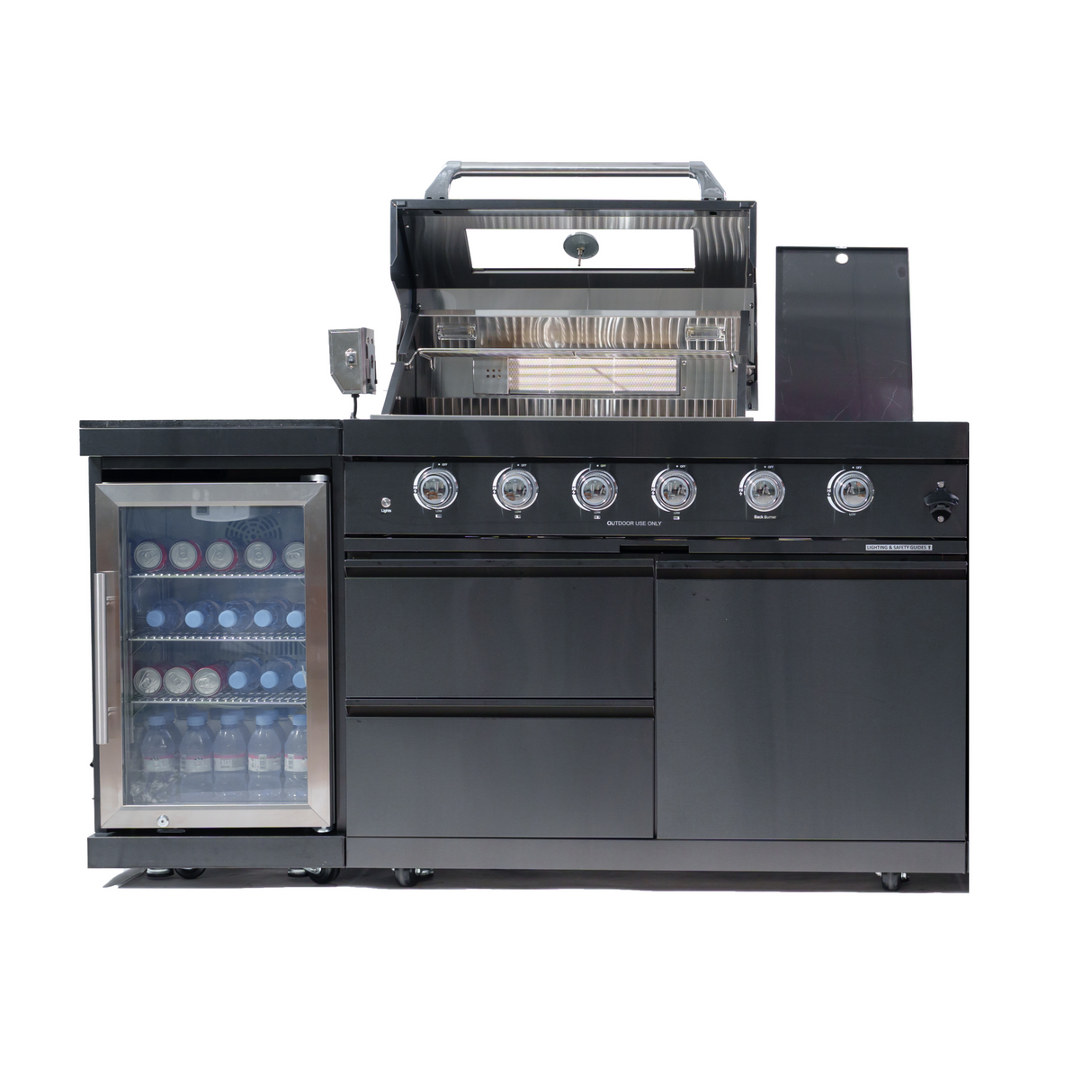4-Burner Stainless Steel Outdoor Kitchen Island with Beverage Refrigerator & Rotisserie – Black