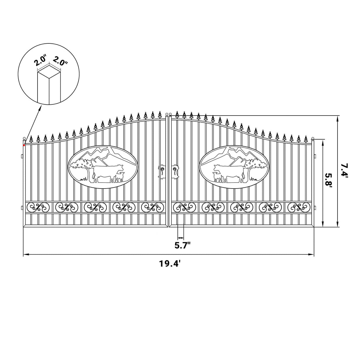 20' × 8' Steel Dual-Swing Driveway Gate with Deer Motif – Black