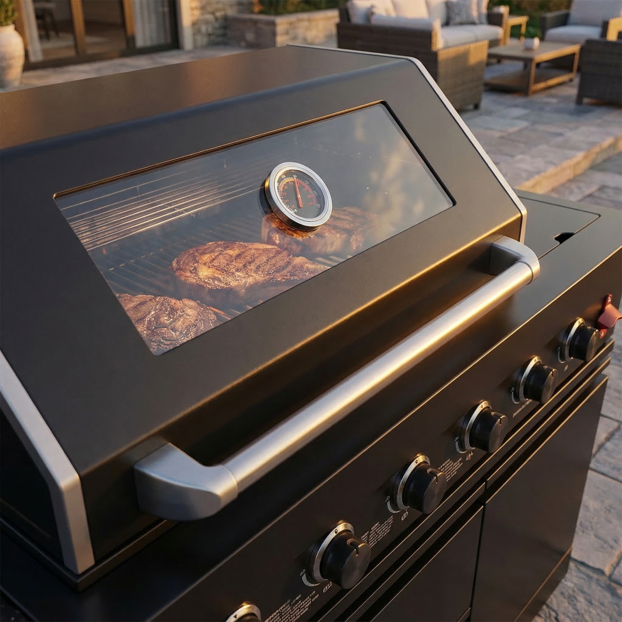 65" Outdoor Kitchen with 4-Burner Grill, Round Side Burner & Refrigerator – Black