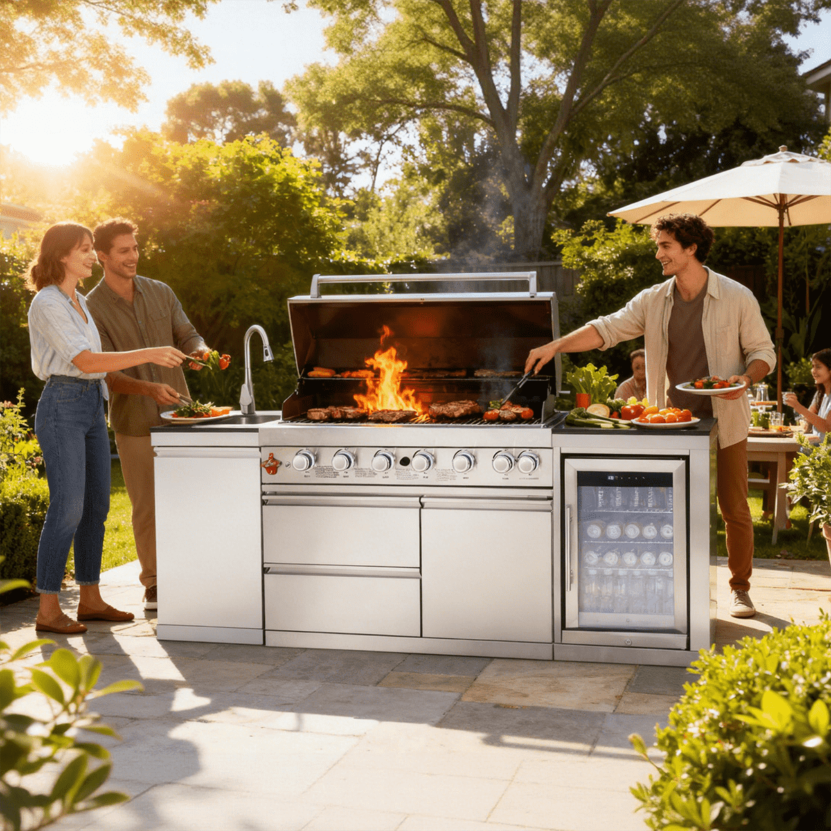 82.5" 83,500 BTU Outdoor Kitchen with 6-Burner Grill, Refrigerator & Sink – Silver