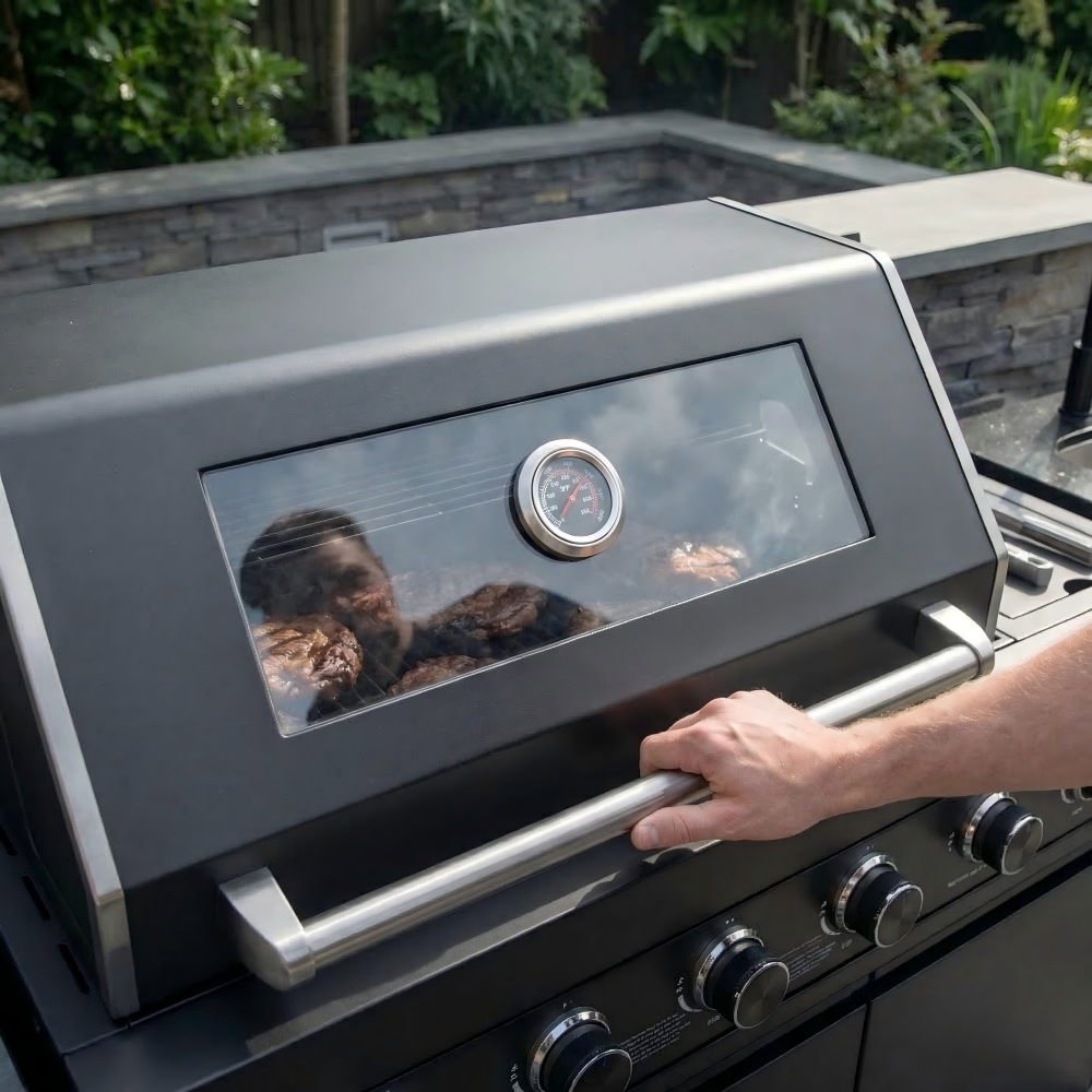 85" Outdoor Kitchen with 4-Burner Grill, Compact Refrigerator & Sink – Black