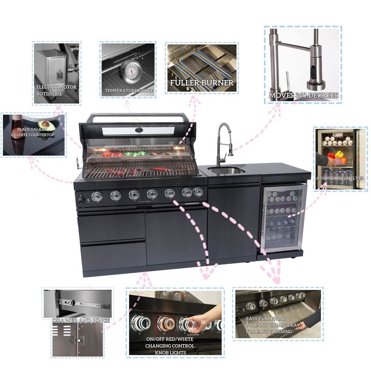 85" Natural Gas Outdoor Kitchen with 6-Burner Grill, Refrigerator, Rotisserie & Sink – Black