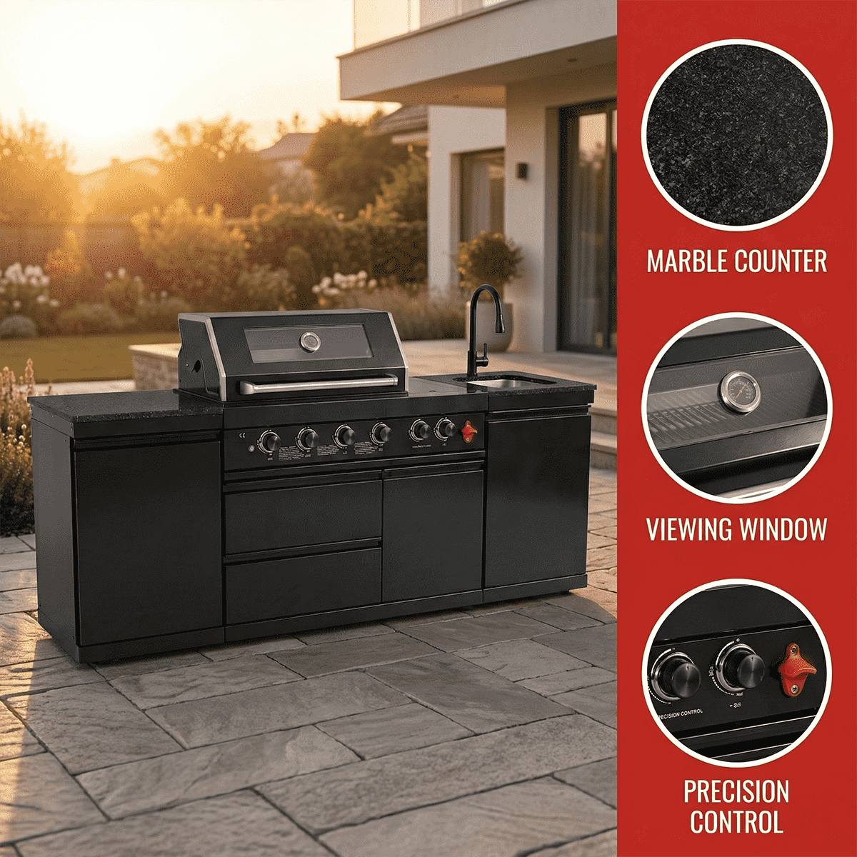 85" 4-Burner 85,000 BTU Outdoor Kitchen Island with Sink & Refrigerator – Black