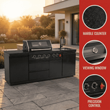 85" 4-Burner 85,000 BTU Outdoor Kitchen Island with Sink & Refrigerator – Black