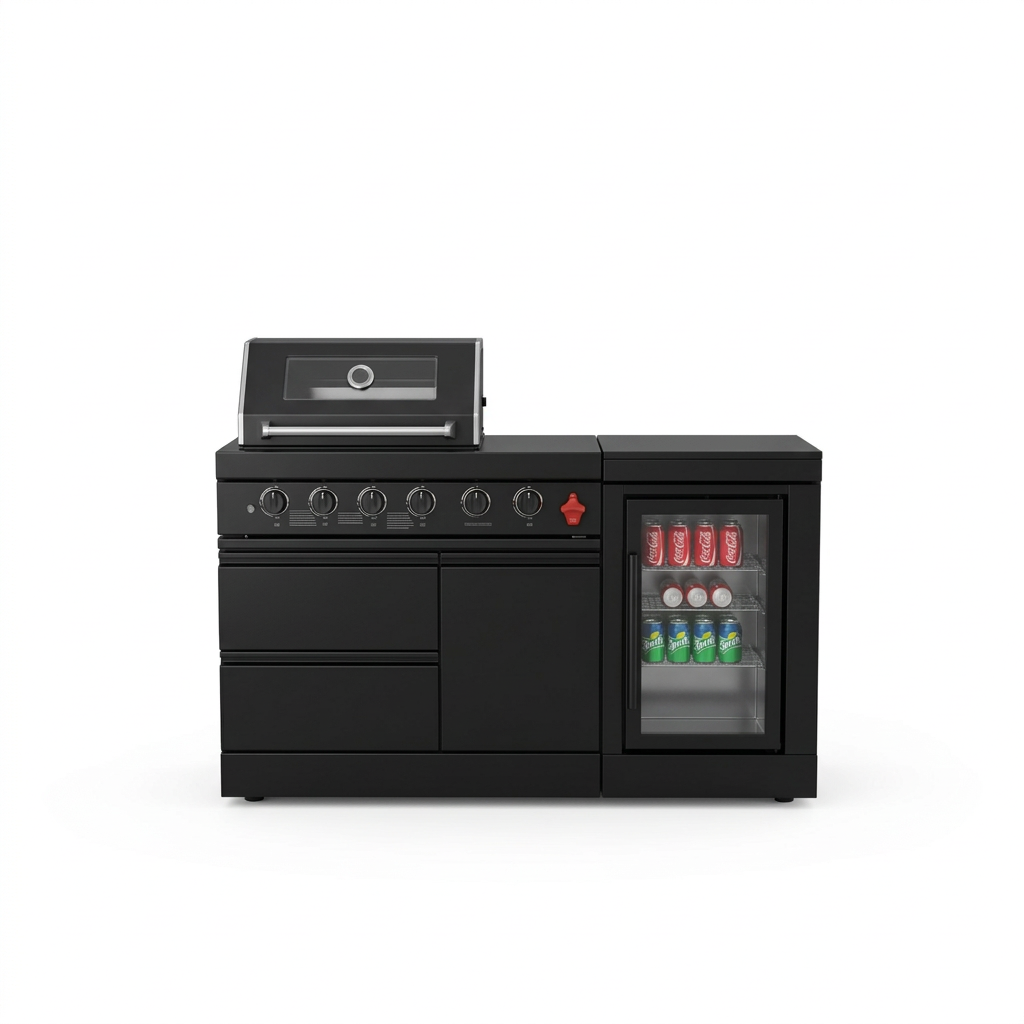 65" Outdoor Kitchen with 4-Burner Grill, Beverage Refrigerator & Marble Countertops – Black