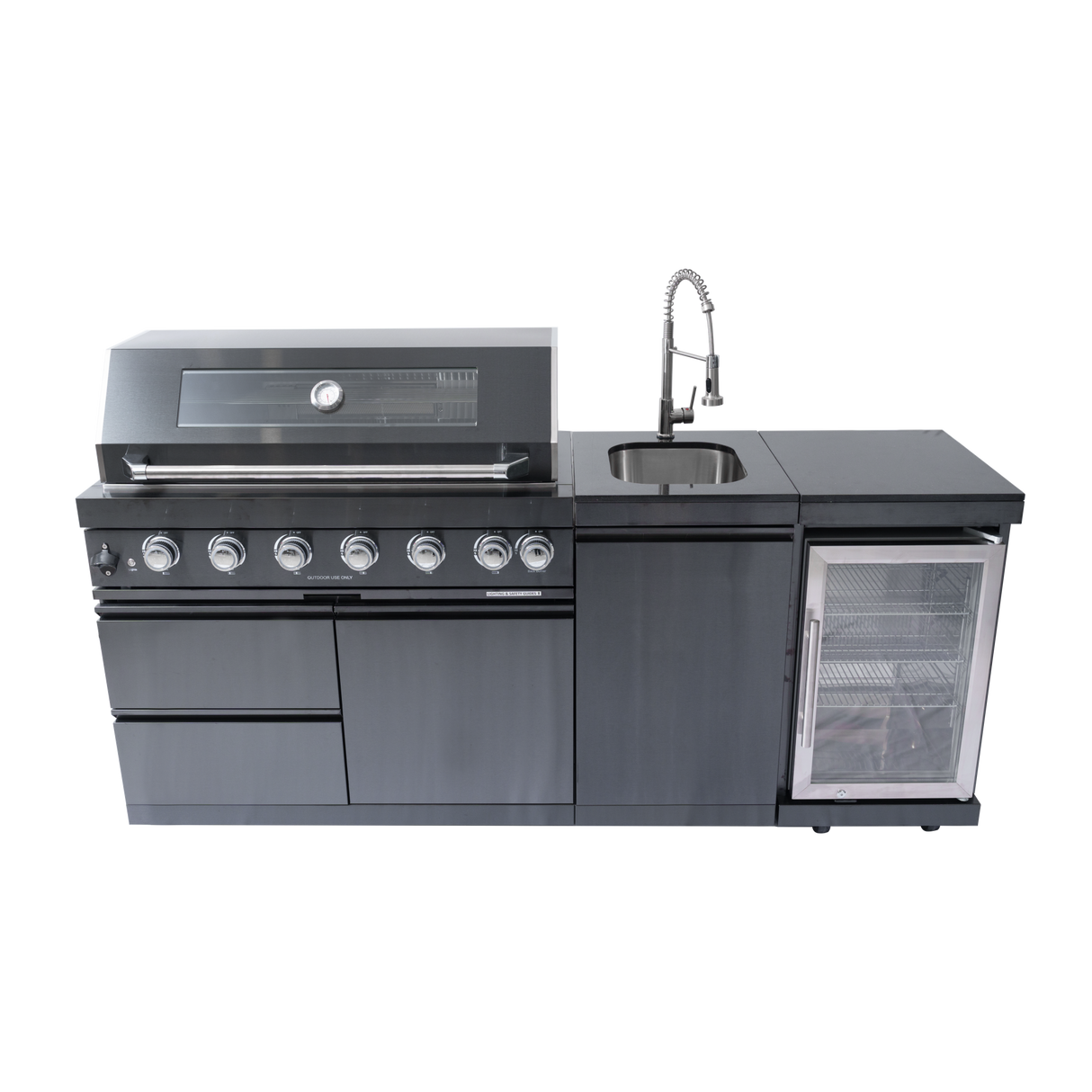 85" Natural Gas Outdoor Kitchen with 6-Burner Grill, Refrigerator, Rotisserie & Sink – Black