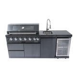 85" Natural Gas Outdoor Kitchen with 6-Burner Grill, Refrigerator, Rotisserie & Sink – Black