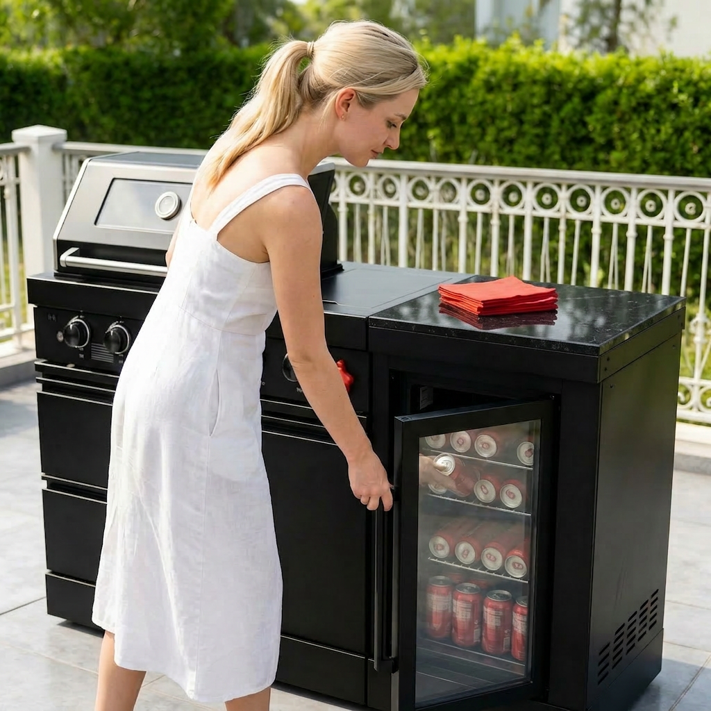 65" Outdoor Kitchen with 4-Burner Grill, Beverage Refrigerator & Marble Countertops – Black
