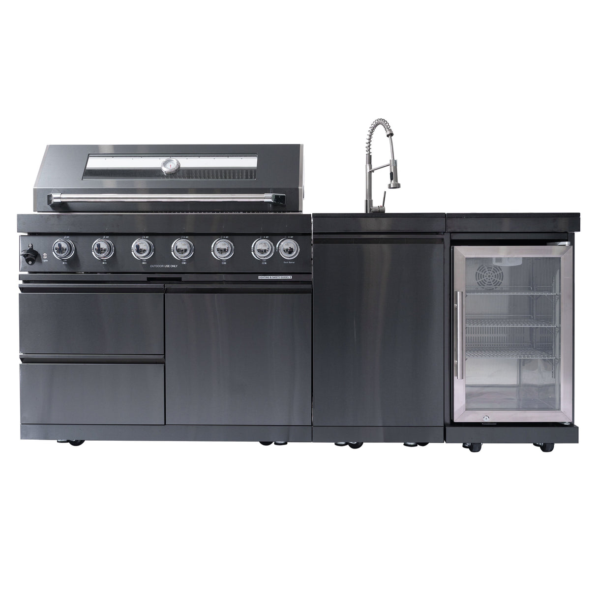 85" Natural Gas Outdoor Kitchen with 6-Burner Grill, Refrigerator, Rotisserie & Sink – Black