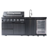 85" Natural Gas Outdoor Kitchen with 6-Burner Grill, Refrigerator, Rotisserie & Sink – Black
