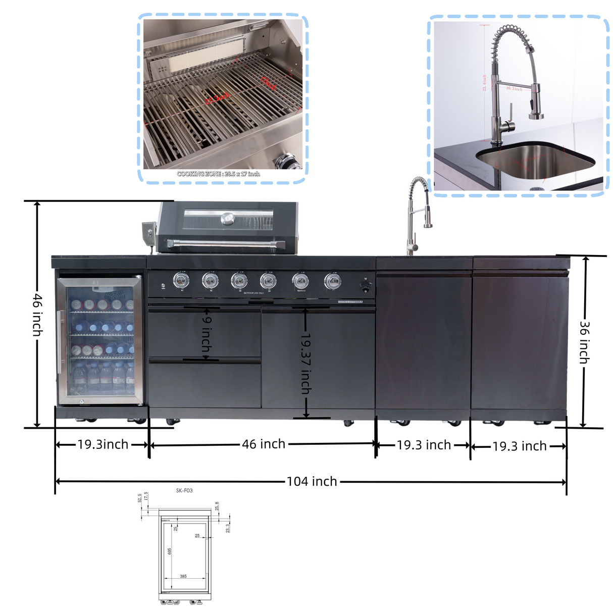 104" Propane Outdoor Kitchen with 4-Burner Grill, Refrigerator & Storage – Black