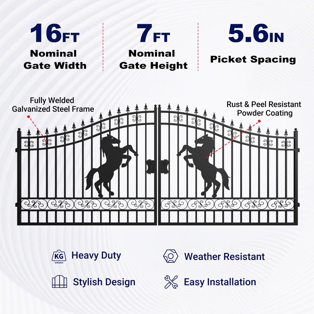 16' × 7' Steel Dual-Swing Driveway Gate with Horse Design
