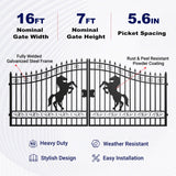 16' × 7' Steel Dual-Swing Driveway Gate with Horse Design