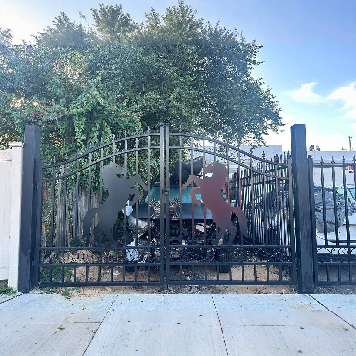 14' × 8' Galvanized-Steel Dual-Swing Driveway Gate with Horse Design
