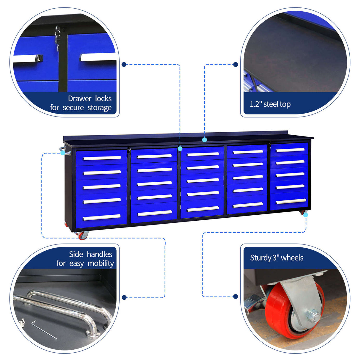 10' Mobile 25-Drawer Steel Storage Workbench with Plywood-Lined Top