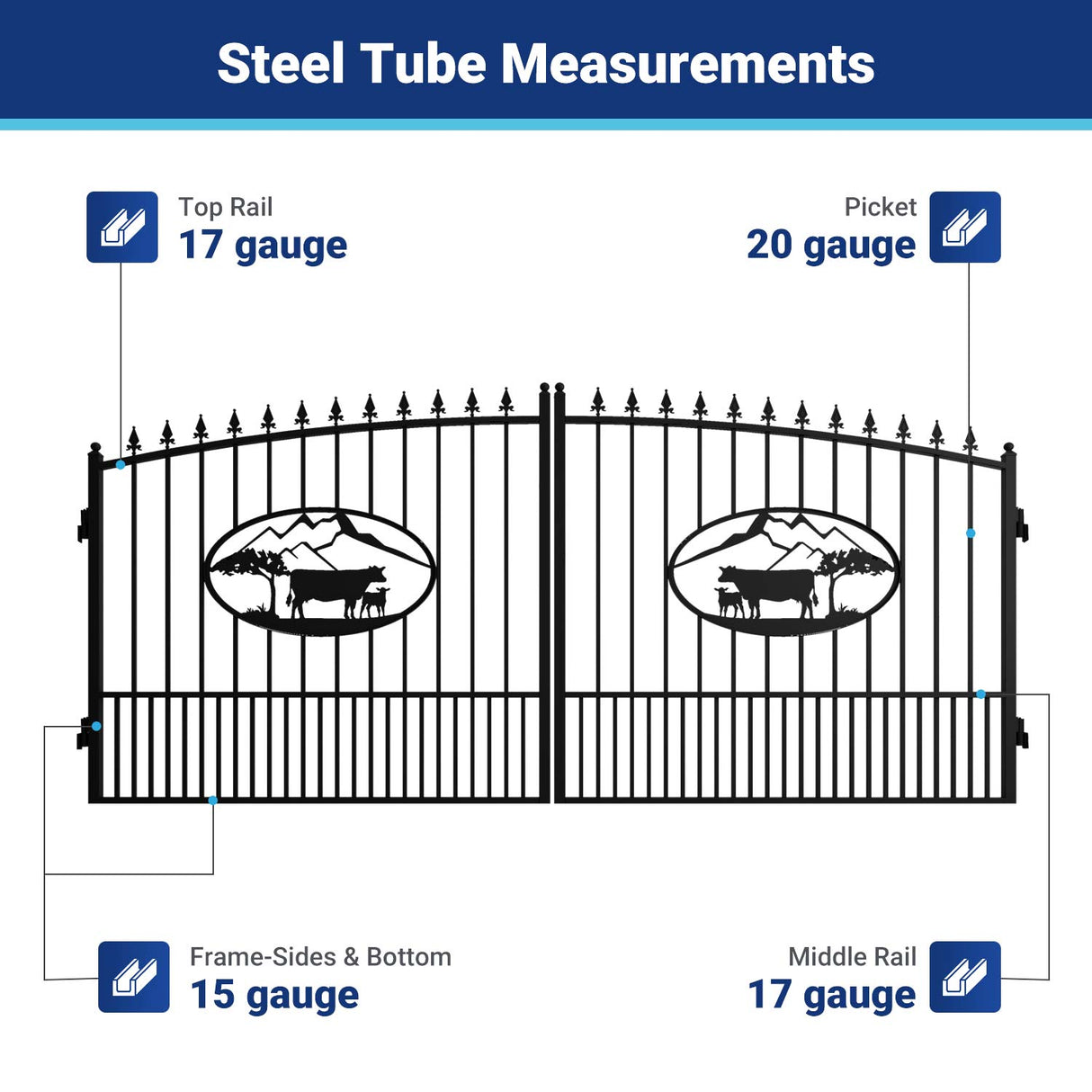14' × 8' Steel Dual-Swing Driveway Gate with Deer Motif – Black
