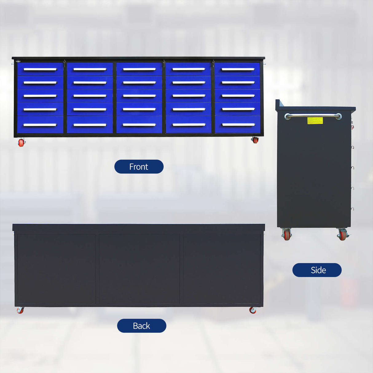 10' Mobile 25-Drawer Steel Storage Workbench with Plywood-Lined Top
